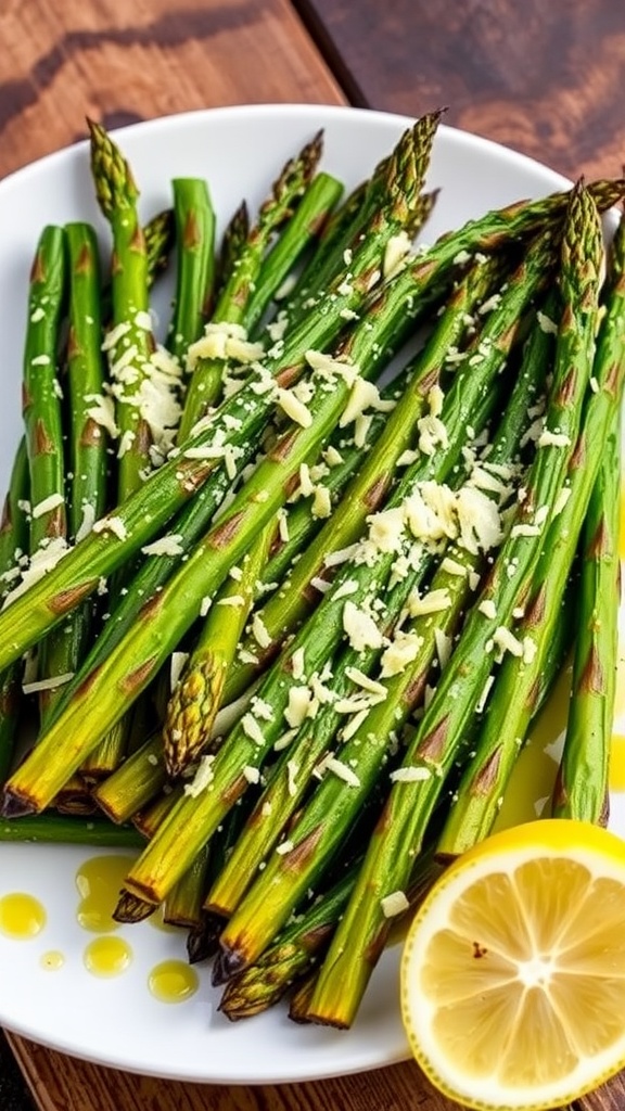 Grilled asparagus with parmesan cheese on a rustic wooden table.